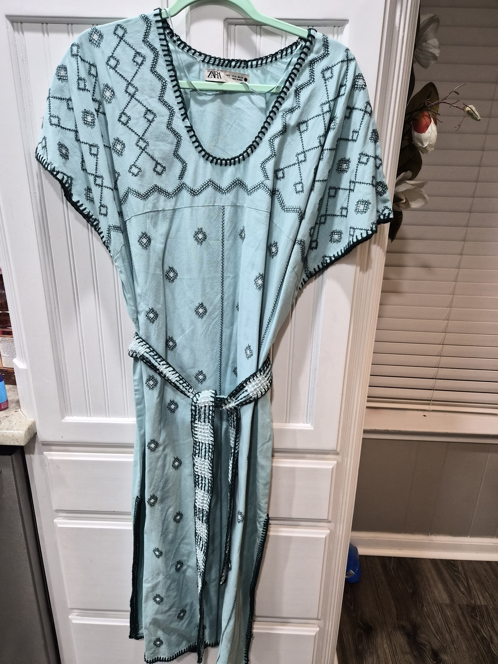 ZARA Light Teal Embroidered Belted Tunic Dress